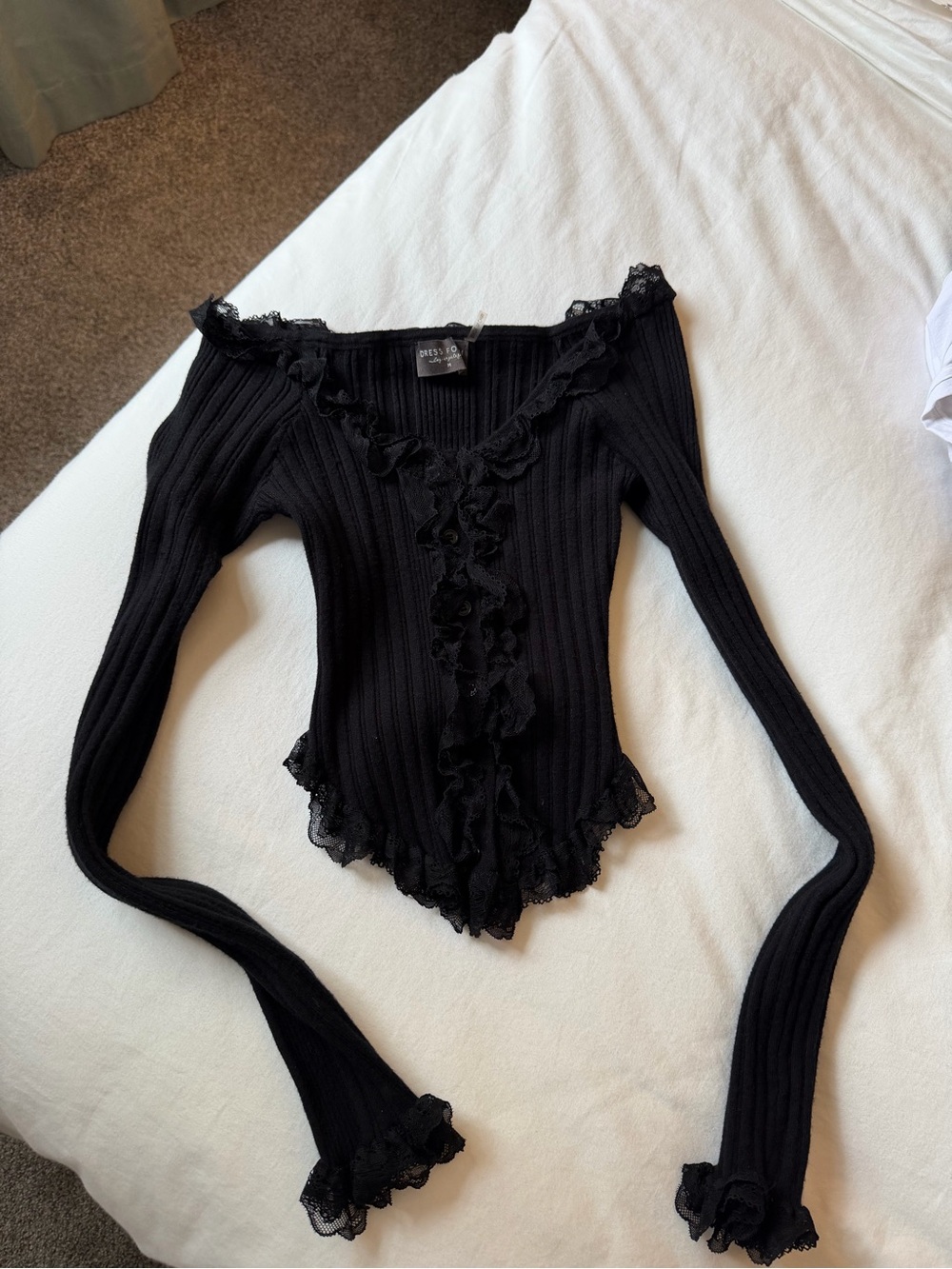Black Ribbed Lace-Trim Off-Shoulder Long Sleeve Top
